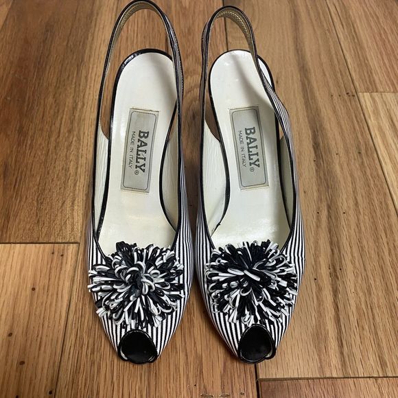 Bally Pom Pom Peep Toe Heels Black White Stripe Slingback, Size 6. 3” Heel‎ - Picture 2 of 13